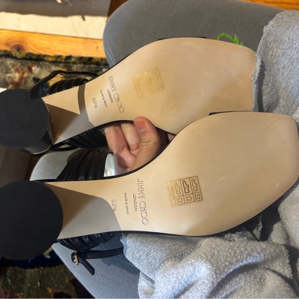 Jimmy Choo Black and Gold Block Heel Sandals - Picture 4 of 5
